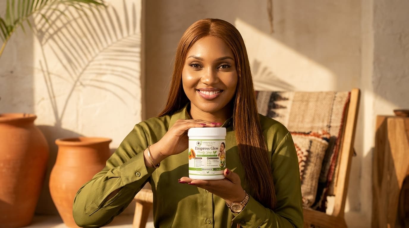Mary Asuquo holding Empress Glow Fruity Soap